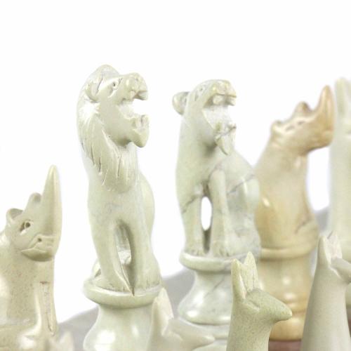 Smolart Hand Carved Soapstone Animal Chess Set Board- 15 in.